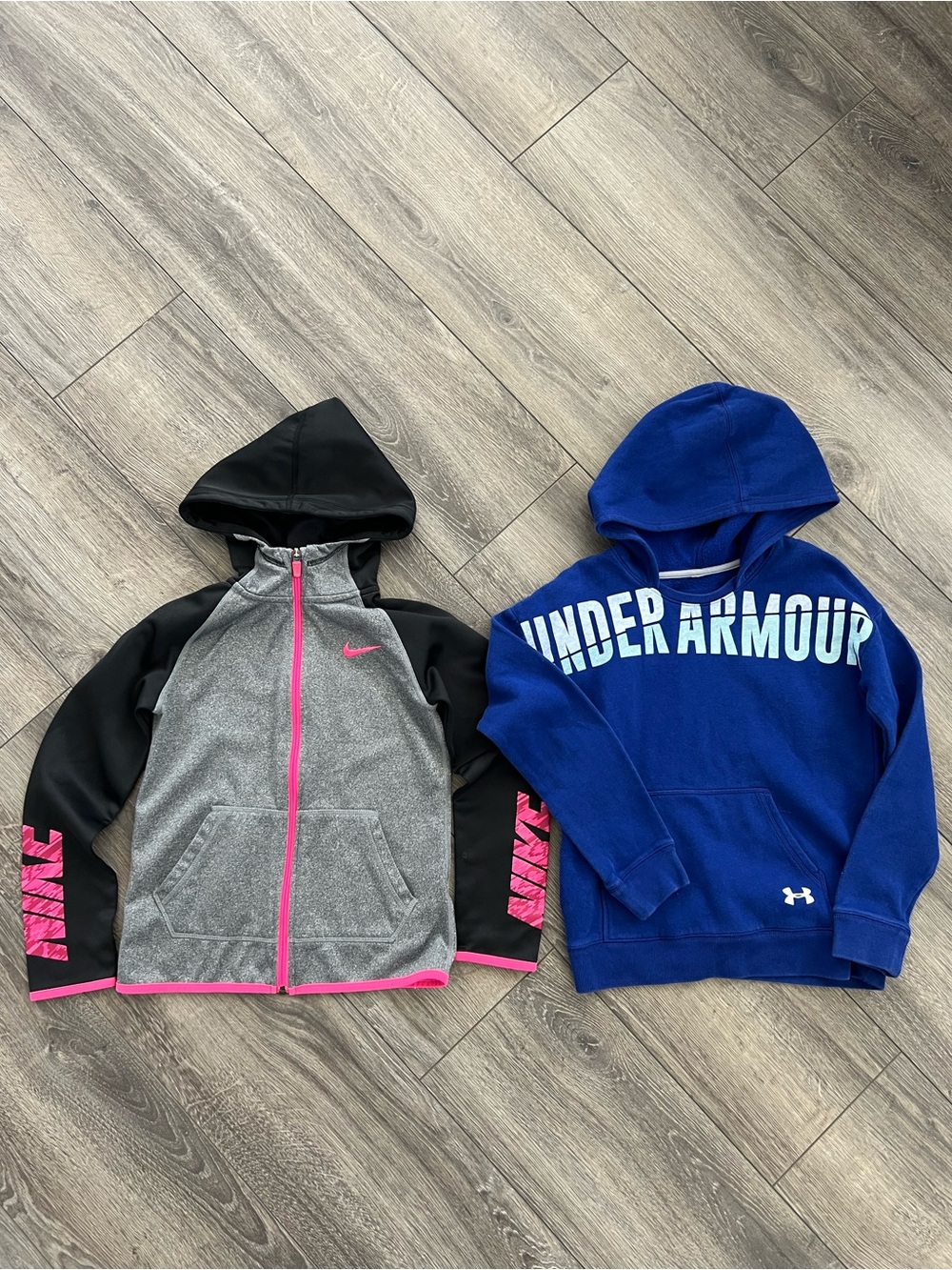 Nike Gray & Black Zip Jacket with Pink Accents and Blue Under Armour Sweatshirt